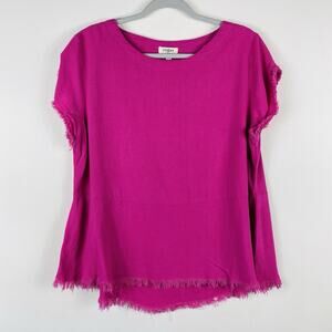 Umgee Size Medium Linen Blend Frayed Trim Short Sleeve Top Pink